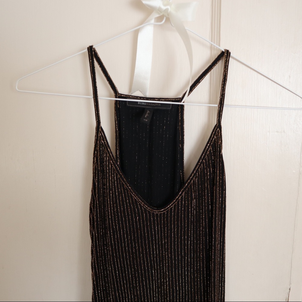 Perfect NYE BCBGMAXAZRIA tank. Black with gold vertical stripes